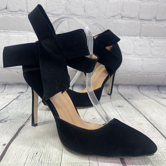 MMJULY Pump Heels Women’s 40 Big Bow D'Orsay Faux Suede Pointed Toe Black Party - Picture 1 of 13